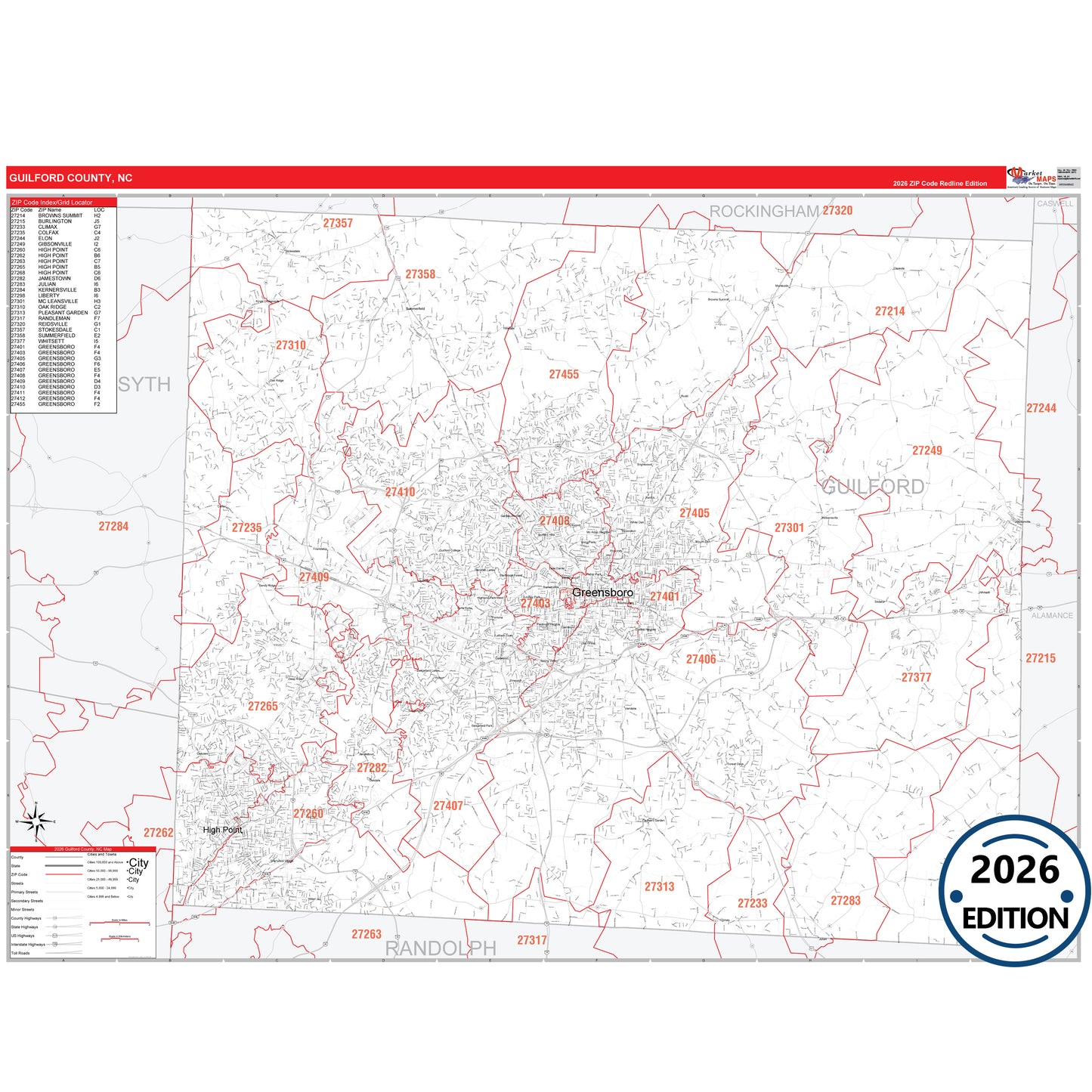 Guilford County, NC Red Line 5 Digit ZIP Code Wall Map