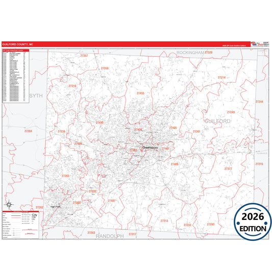 Guilford County, NC Red Line 5 Digit ZIP Code Wall Map