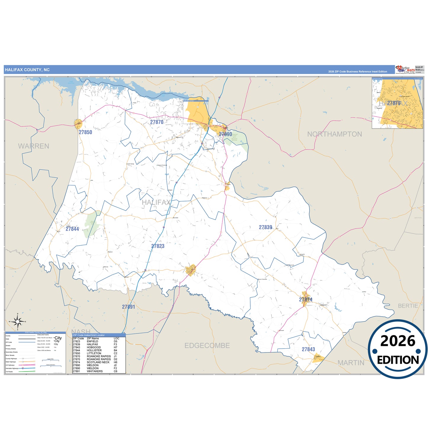 Halifax County, NC Business Reference 5 Digit ZIP Code Wall Map