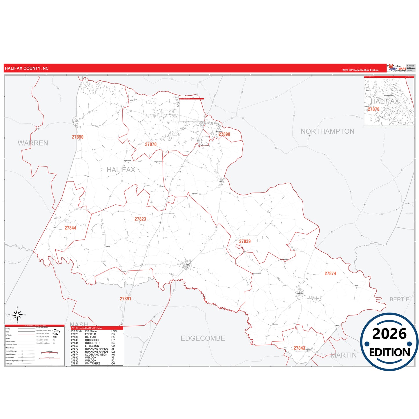 Halifax County, NC Red Line 5 Digit ZIP Code Wall Map