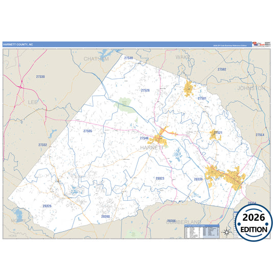 Harnett County, NC Business Reference 5 Digit ZIP Code Wall Map