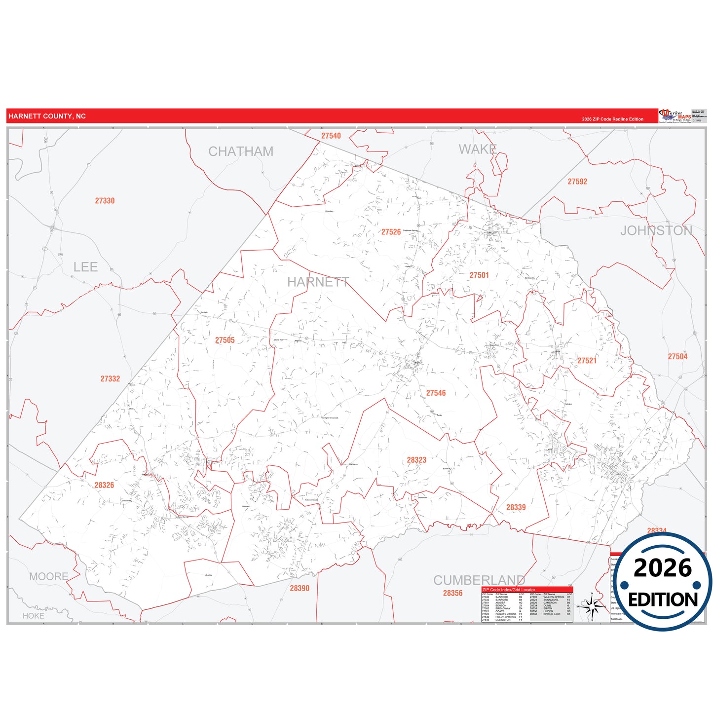 Harnett County, NC Red Line 5 Digit ZIP Code Wall Map