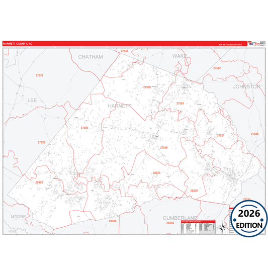 Harnett County, NC Red Line 5 Digit ZIP Code Wall Map