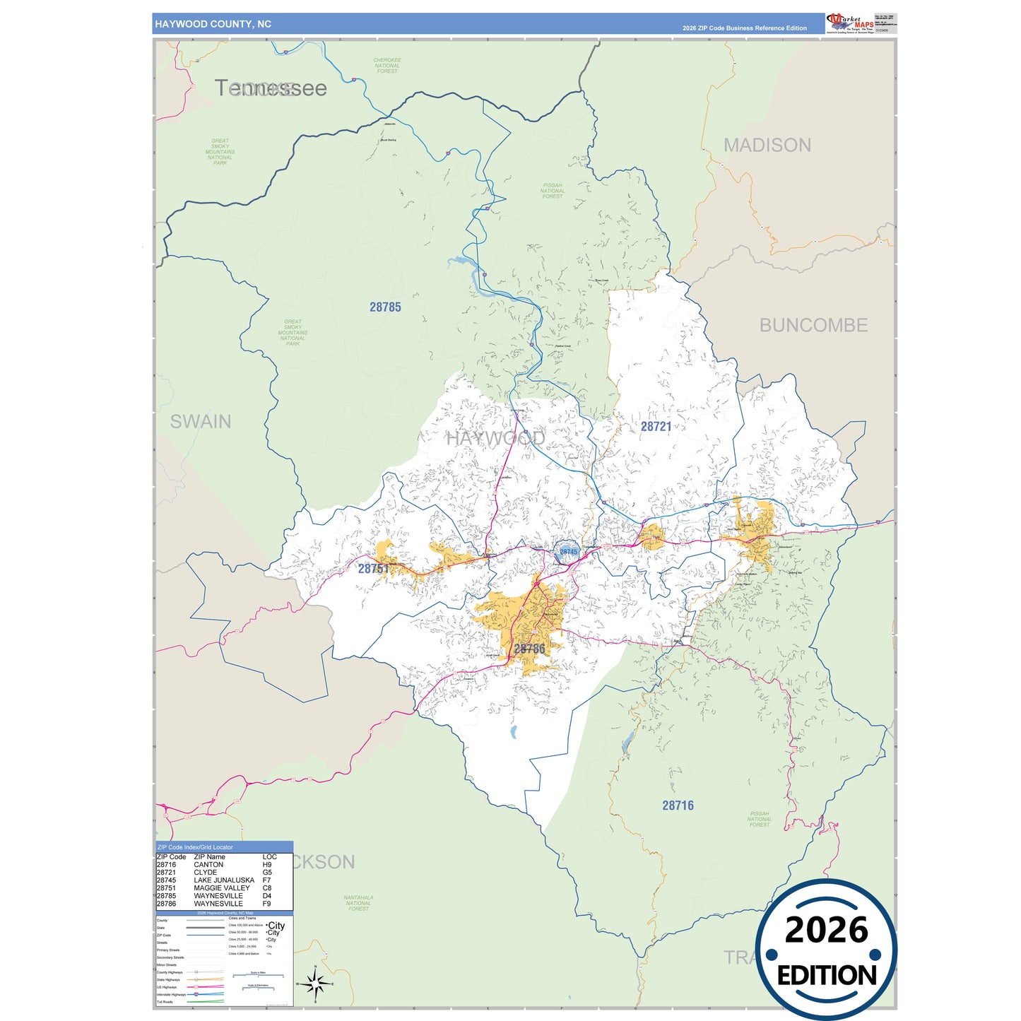 Haywood County, NC Business Reference 5 Digit ZIP Code Wall Map