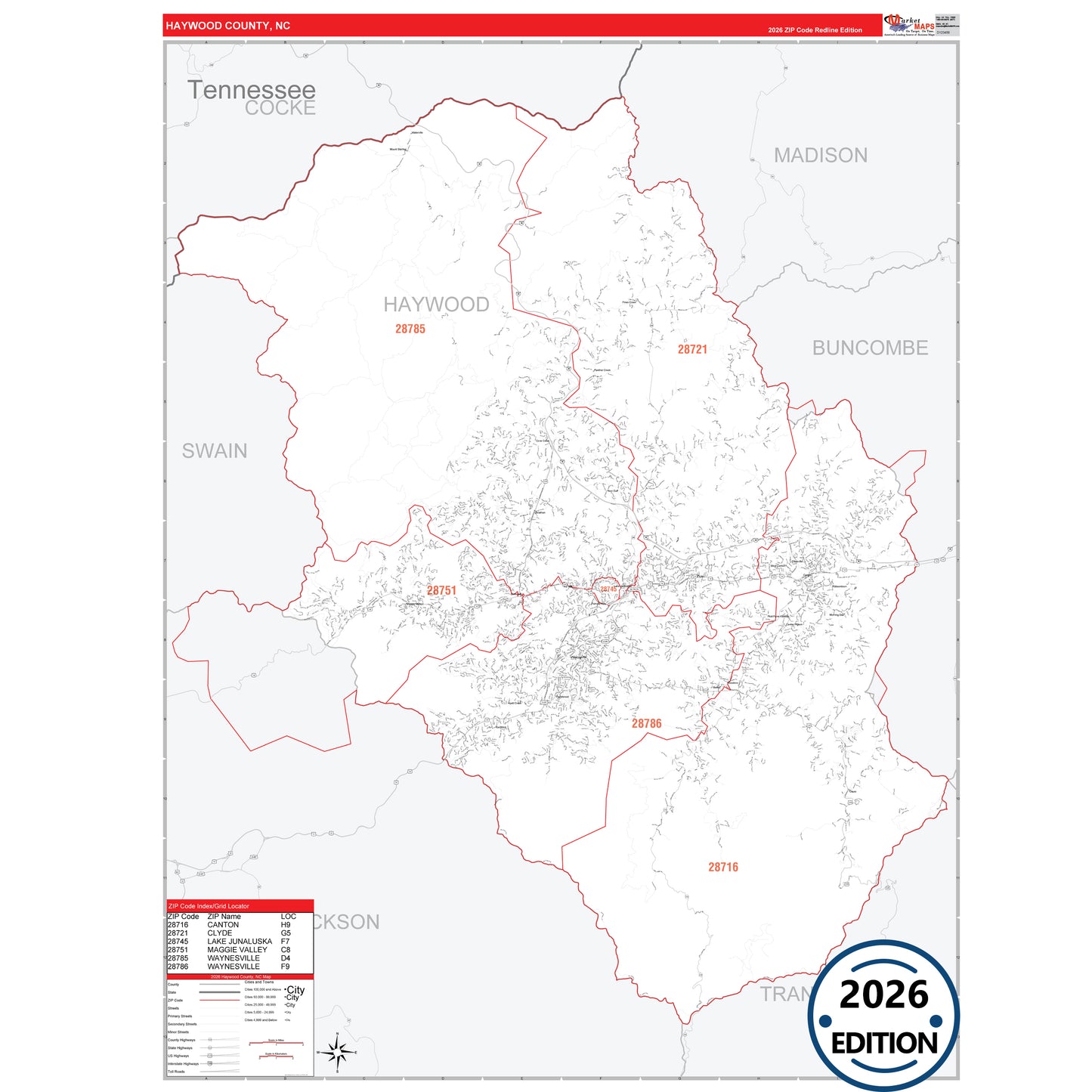 Haywood County, NC Red Line 5 Digit ZIP Code Wall Map