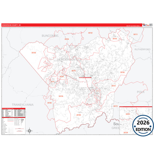 Henderson County, NC Red Line 5 Digit ZIP Code Wall Map