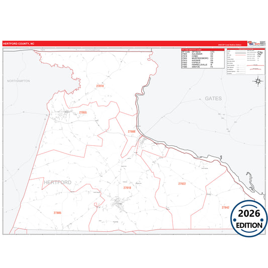 Hertford County, NC Red Line 5 Digit ZIP Code Wall Map