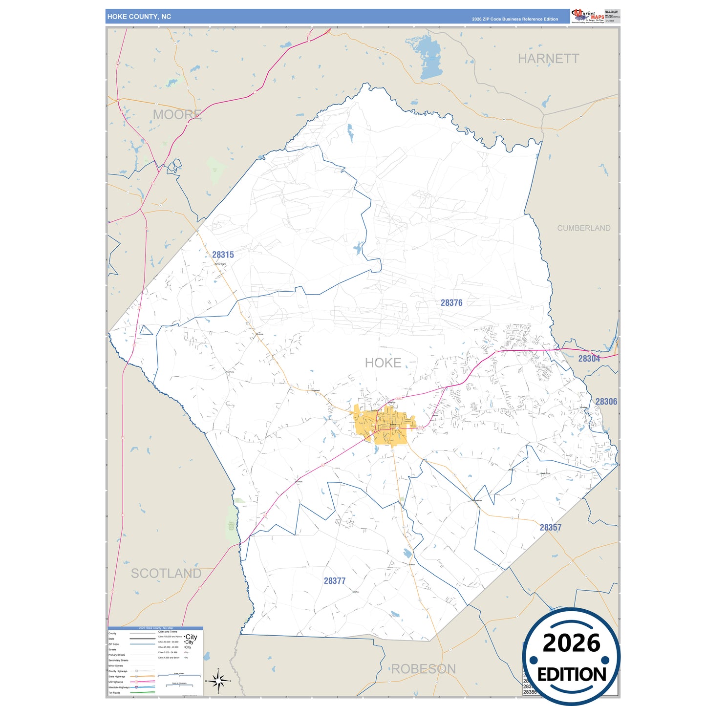 Hoke County, NC Business Reference 5 Digit ZIP Code Wall Map