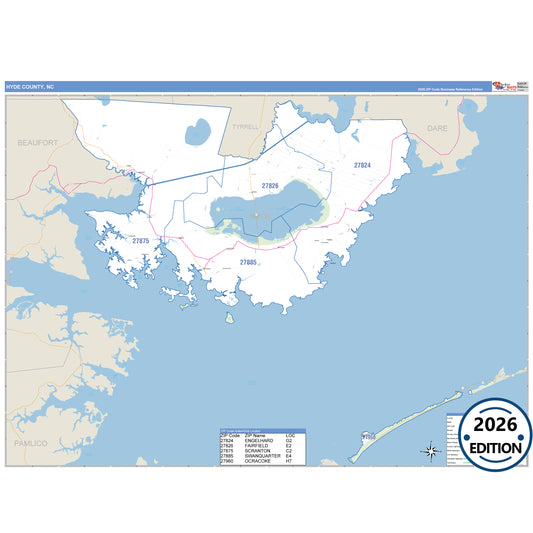 Hyde County, NC Business Reference 5 Digit ZIP Code Wall Map