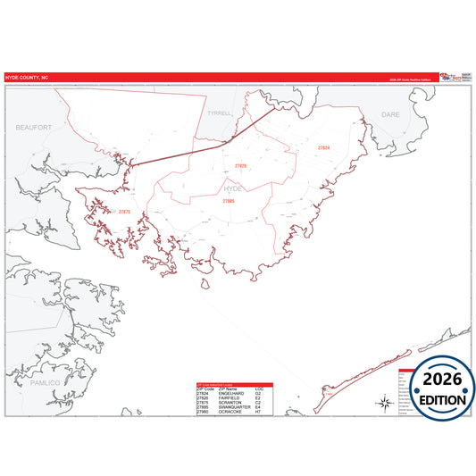 Hyde County, NC Red Line 5 Digit ZIP Code Wall Map