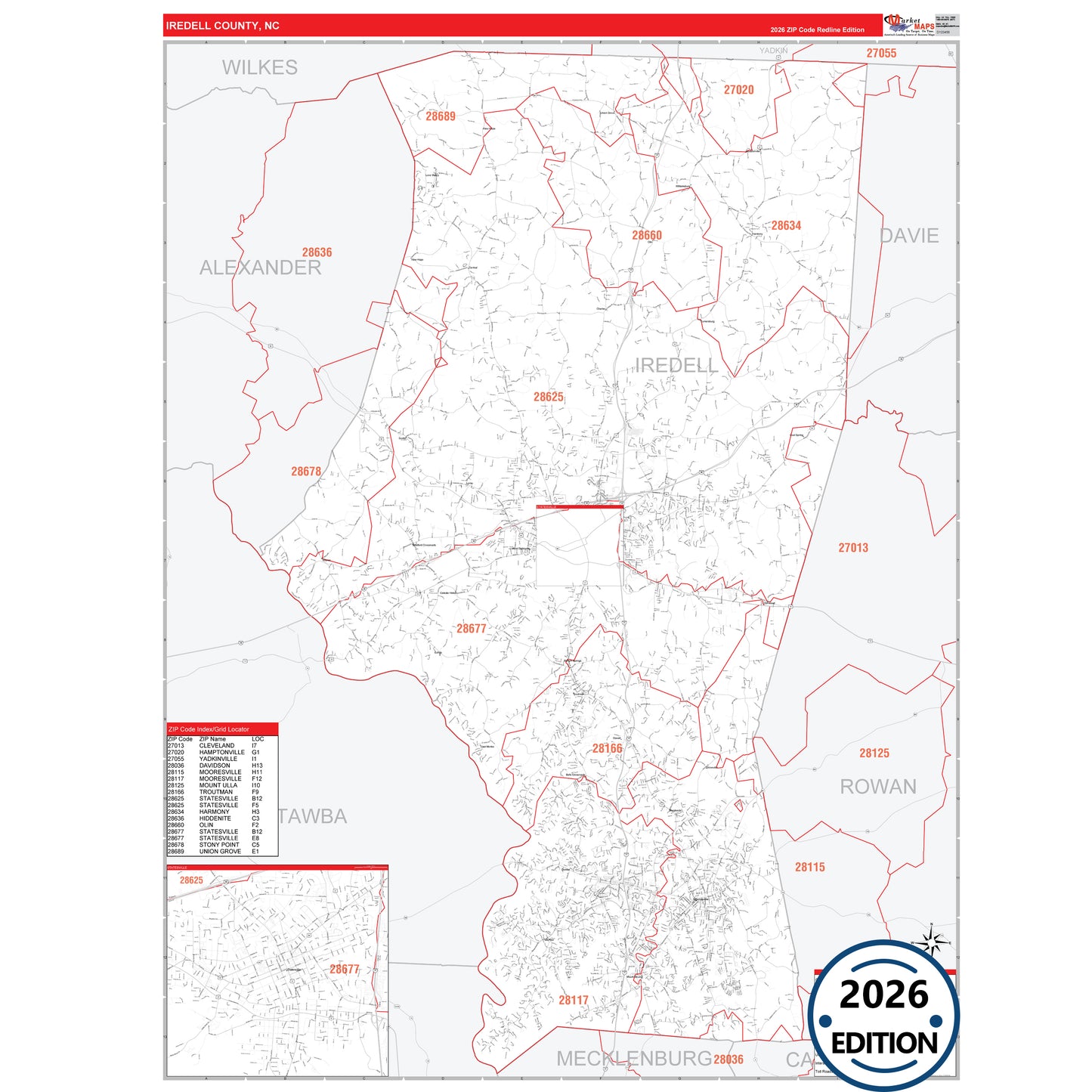 Iredell County, NC Red Line 5 Digit ZIP Code Wall Map