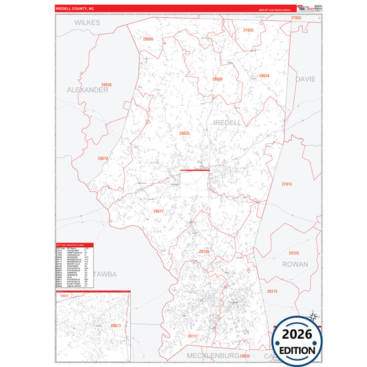 Iredell County, NC Red Line 5 Digit ZIP Code Wall Map