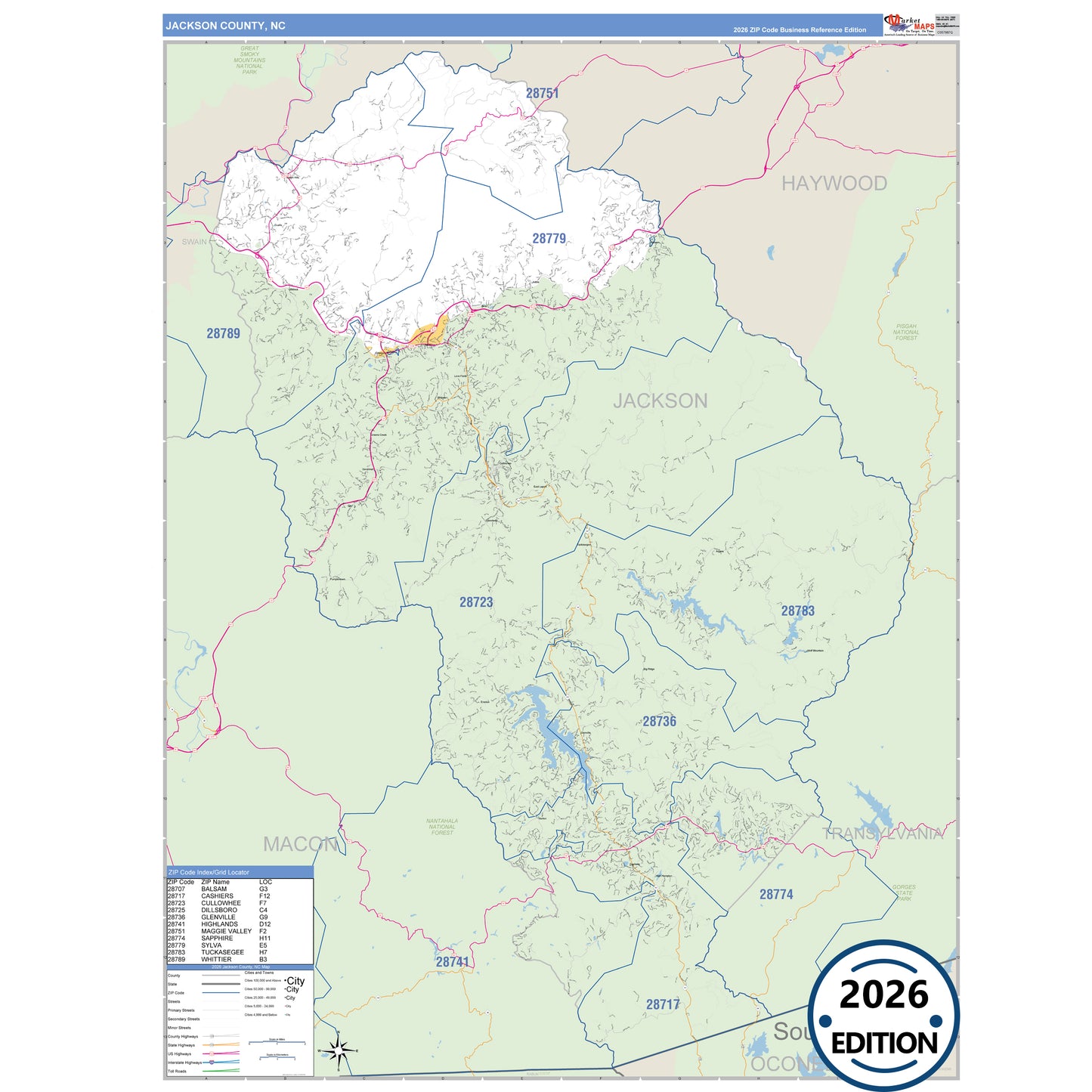 Jackson County, NC Business Reference 5 Digit ZIP Code Wall Map