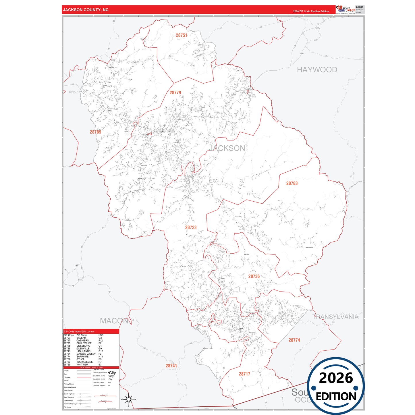 Jackson County, NC Red Line map with detailed roads, cities, and ZIP code boundaries.