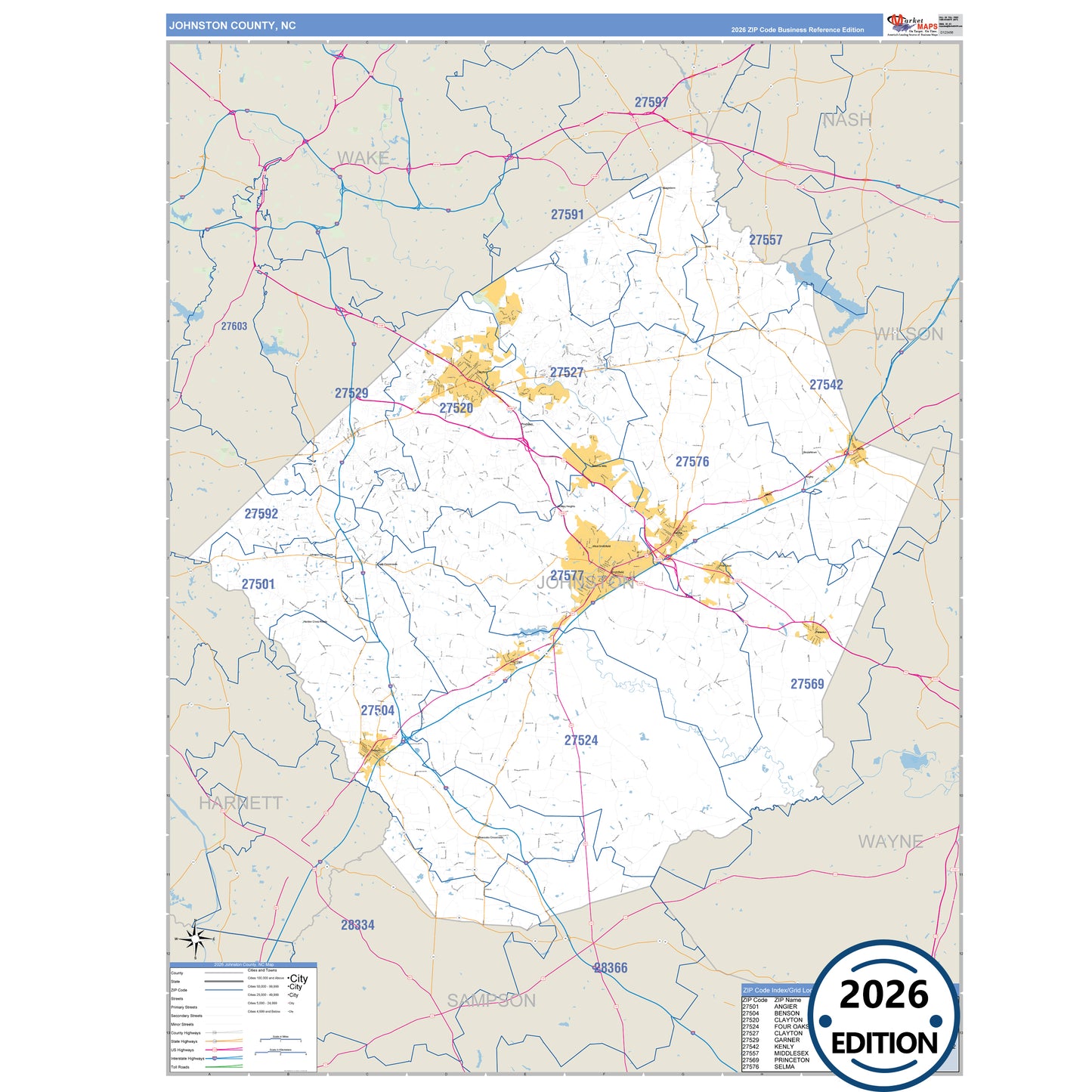 Johnston County, NC Business Reference 5 Digit ZIP Code Wall Map