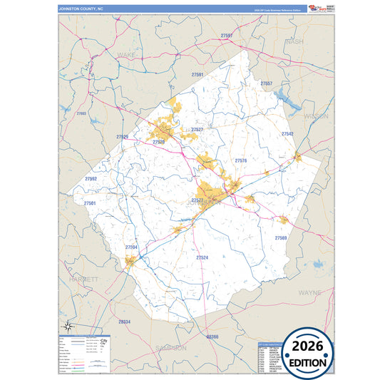 Johnston County, NC Business Reference 5 Digit ZIP Code Wall Map