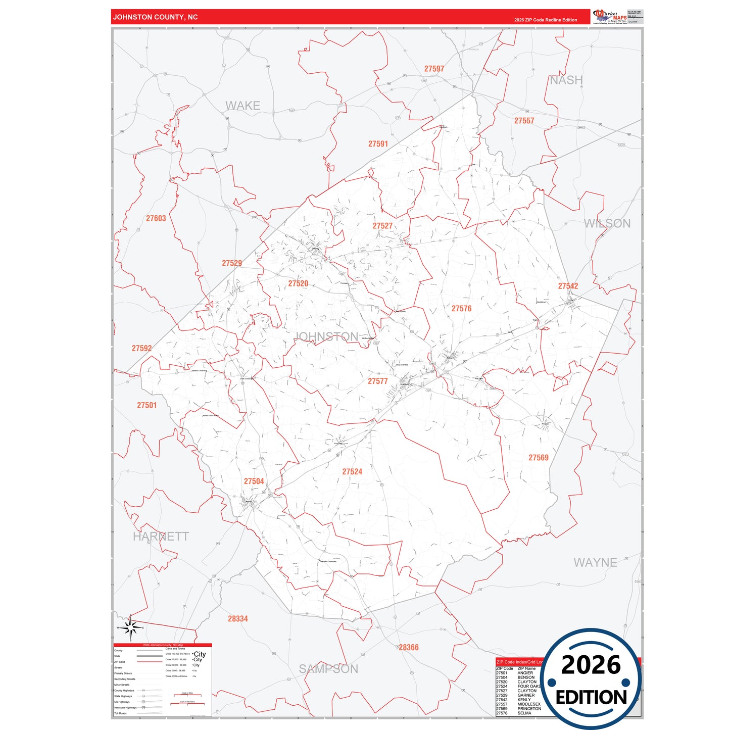 Johnston County, NC Red Line 5 Digit ZIP Code Wall Map