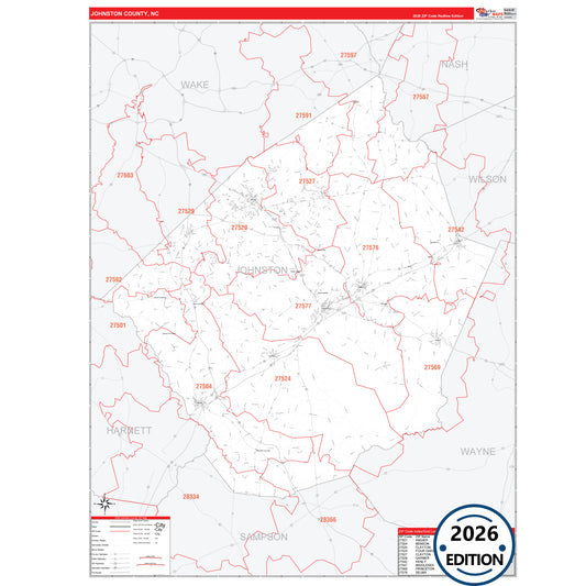 Johnston County, NC Red Line 5 Digit ZIP Code Wall Map