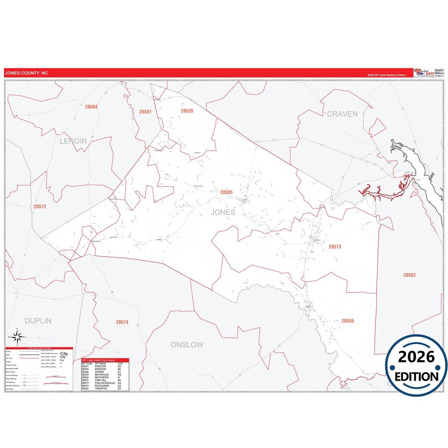 Jones County, NC Red Line 5 Digit ZIP Code Wall Map