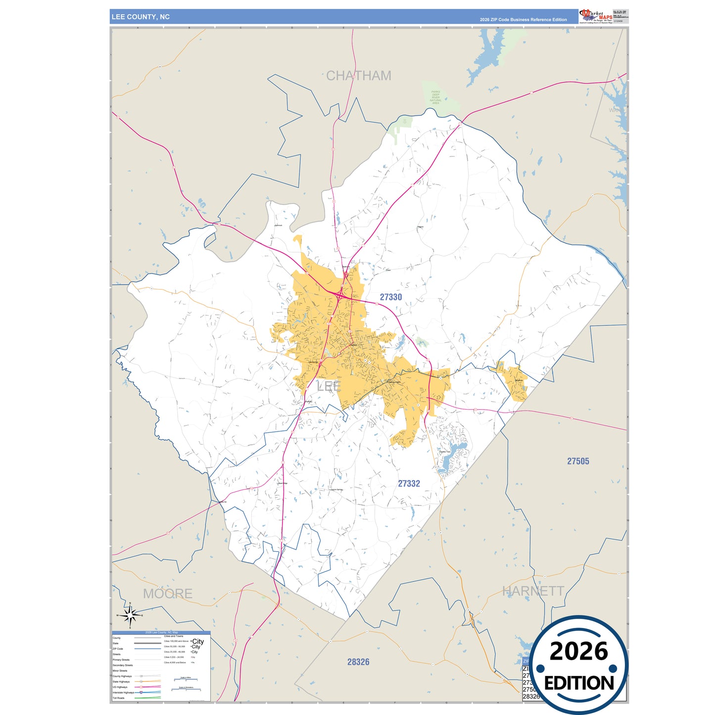 Lee County, NC Business Reference 5 Digit ZIP Code Wall Map