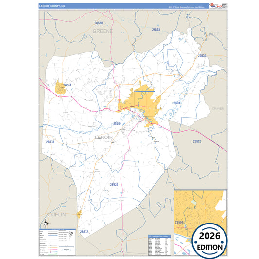 Lenoir County, NC Business Reference 5 Digit ZIP Code Wall Map