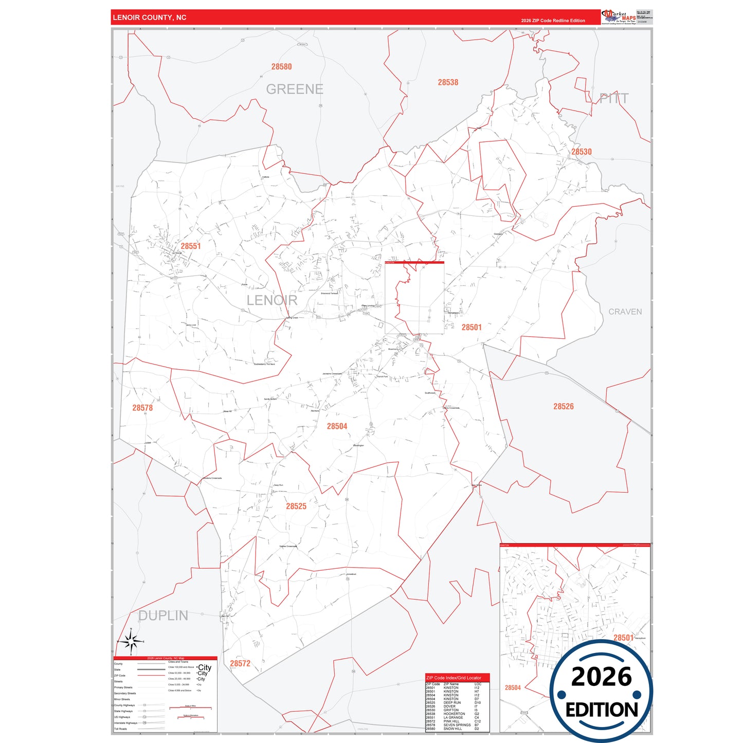 Lenoir County, NC Red Line 5 Digit ZIP Code Wall Map