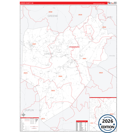 Lenoir County, NC Red Line 5 Digit ZIP Code Wall Map