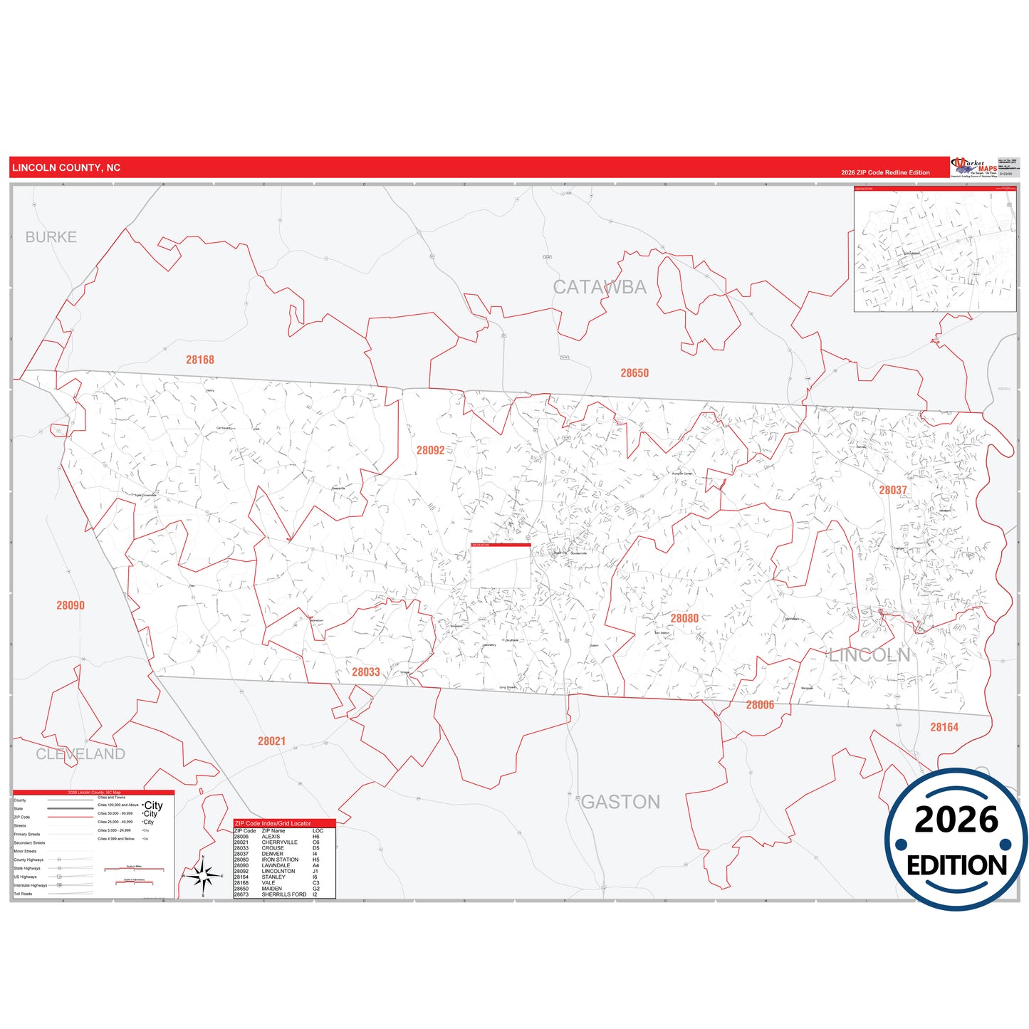 Lincoln County, NC Red Line 5 Digit ZIP Code Wall Map