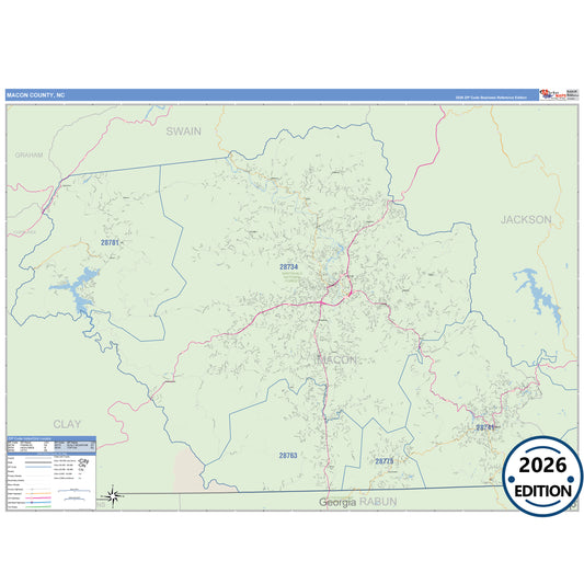 Macon County, NC Business Reference 5 Digit ZIP Code Wall Map