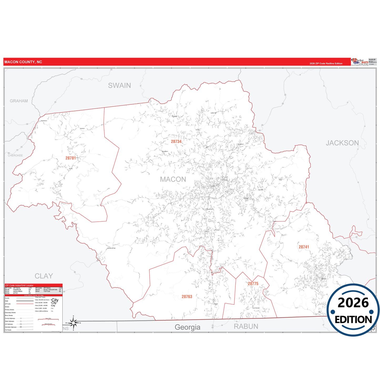 Macon County, NC Red Line 5 Digit ZIP Code Wall Map