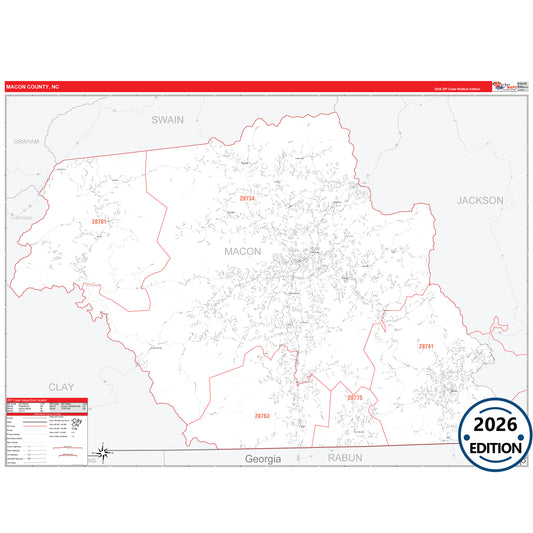 Macon County, NC Red Line 5 Digit ZIP Code Wall Map