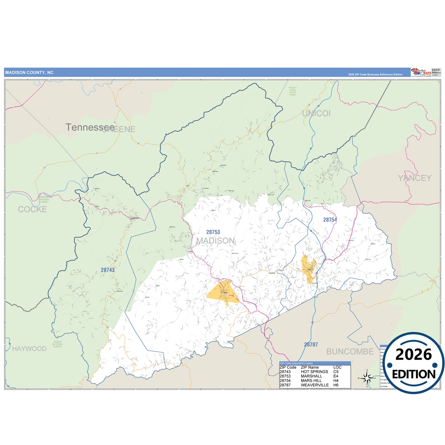 Madison County, NC Business Reference 5 Digit ZIP Code Wall Map