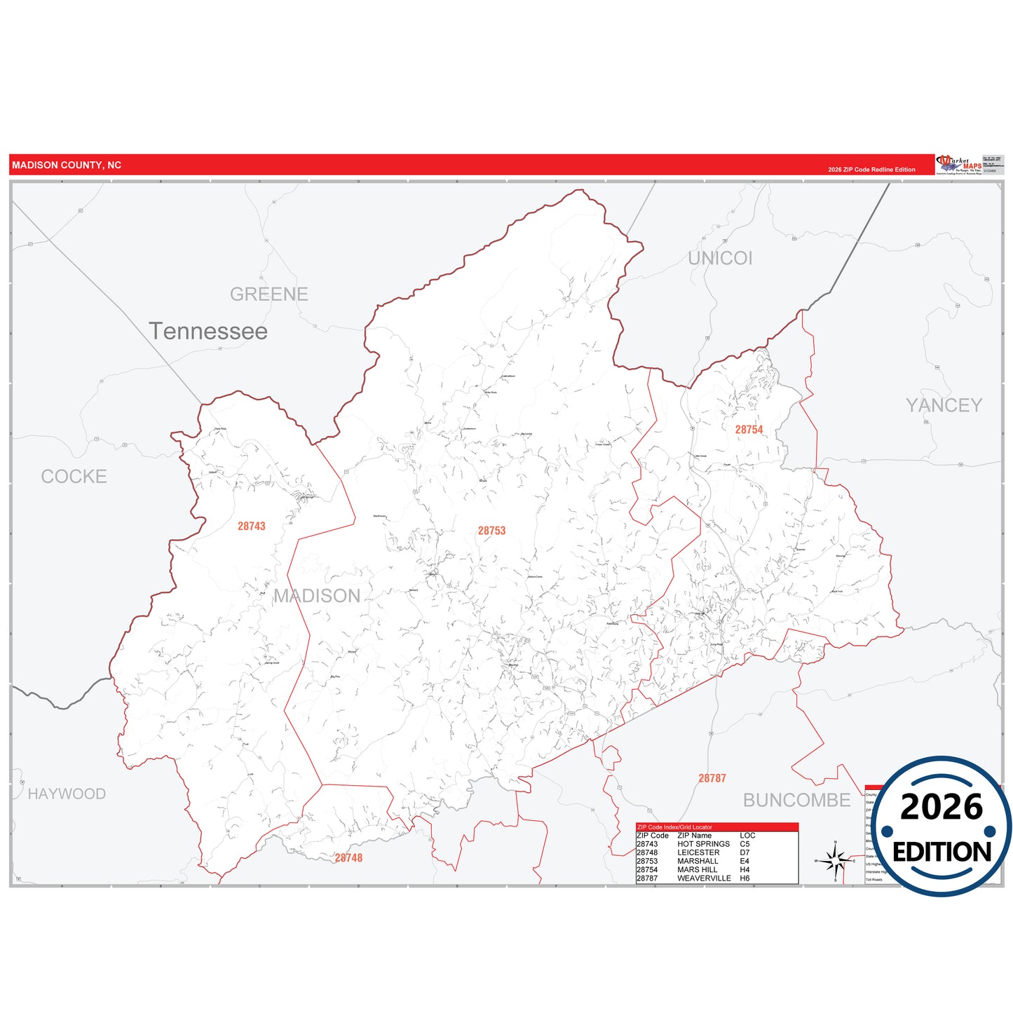 Madison County, NC Red Line map with detailed roads, cities, and ZIP code boundaries.