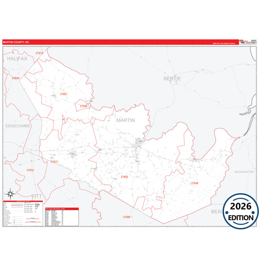Martin County, NC Red Line 5 Digit ZIP Code Wall Map