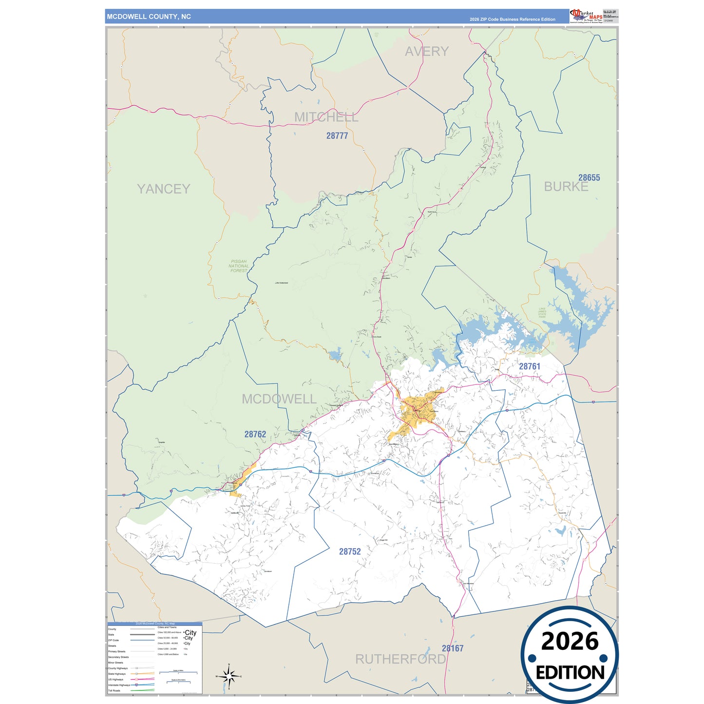 McDowell County, NC Business Reference 5 Digit ZIP Code Wall Map