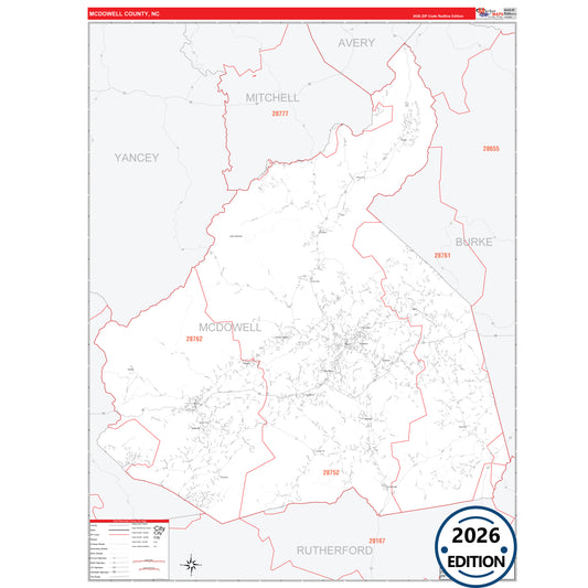 McDowell County, NC Red Line 5 Digit ZIP Code Wall Map