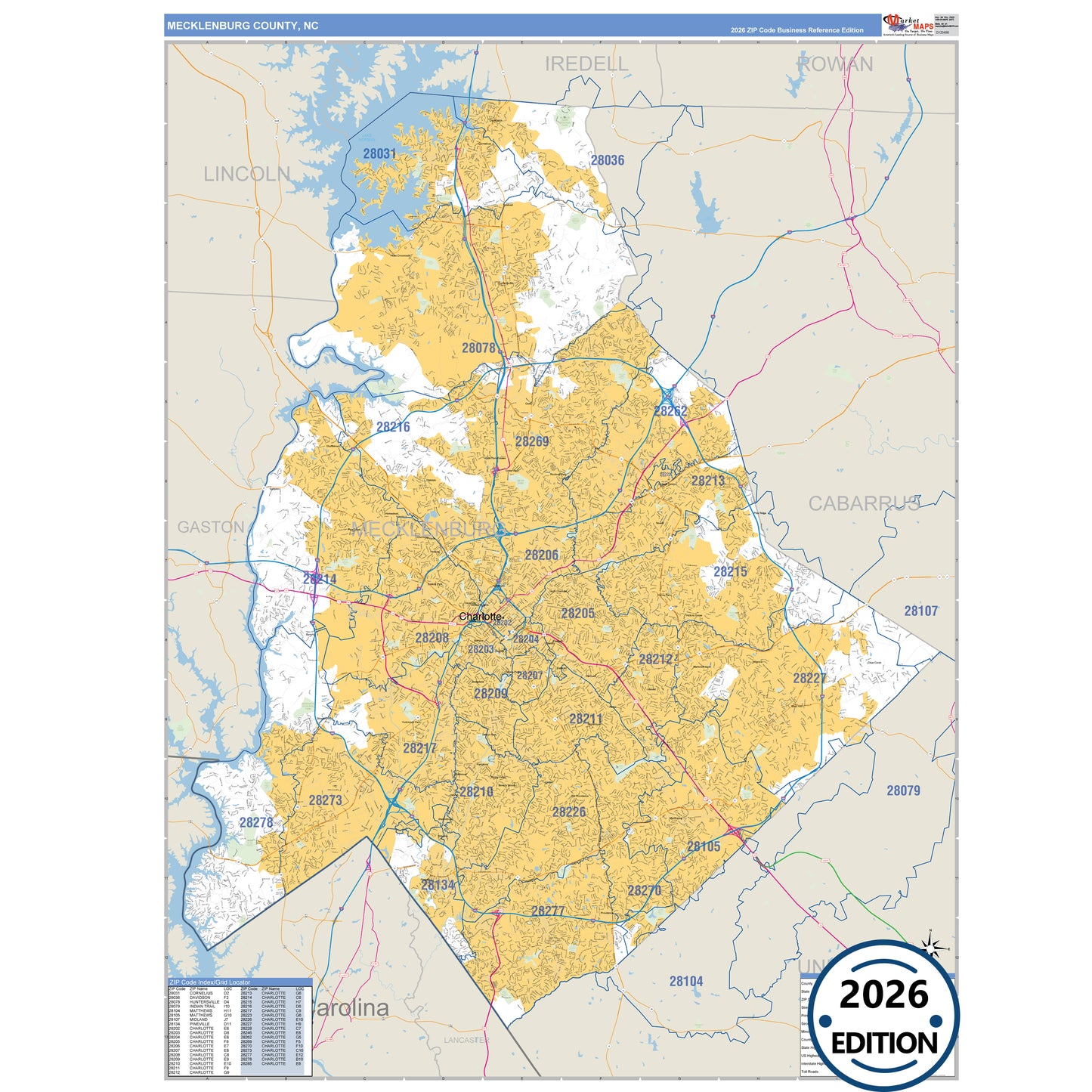 Mecklenburg County, NC Business Reference 5 Digit ZIP Code Wall Map