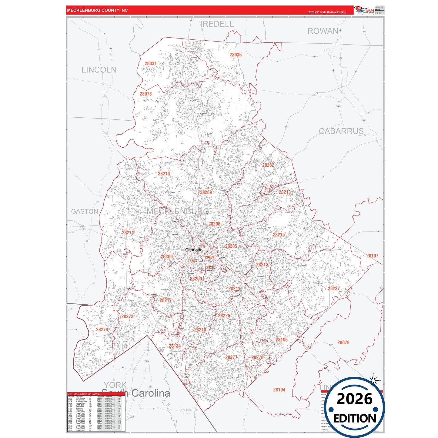 Mecklenburg County, NC Red Line 5 Digit ZIP Code Wall Map