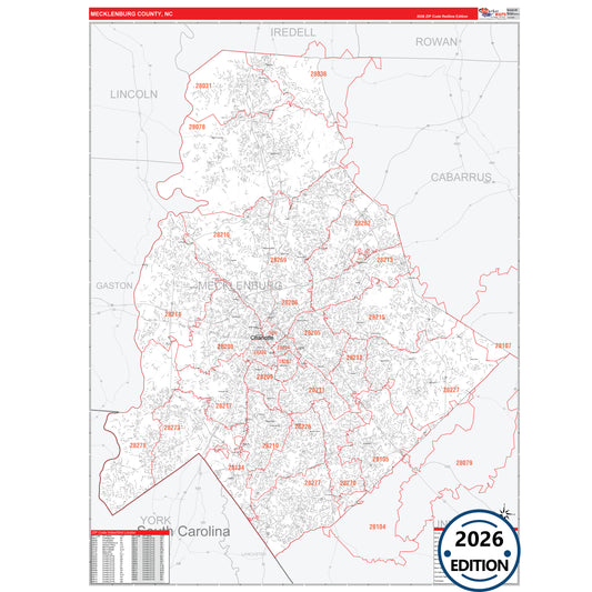 Mecklenburg County, NC Red Line 5 Digit ZIP Code Wall Map
