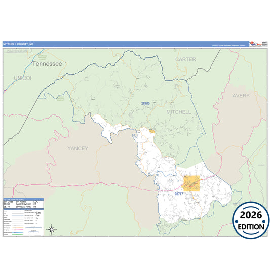 Mitchell County, NC Business Reference 5 Digit ZIP Code Wall Map
