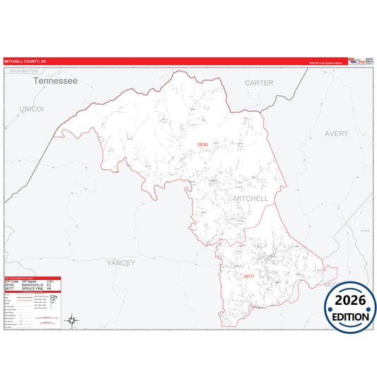 Mitchell County, NC Red Line 5 Digit ZIP Code Wall Map