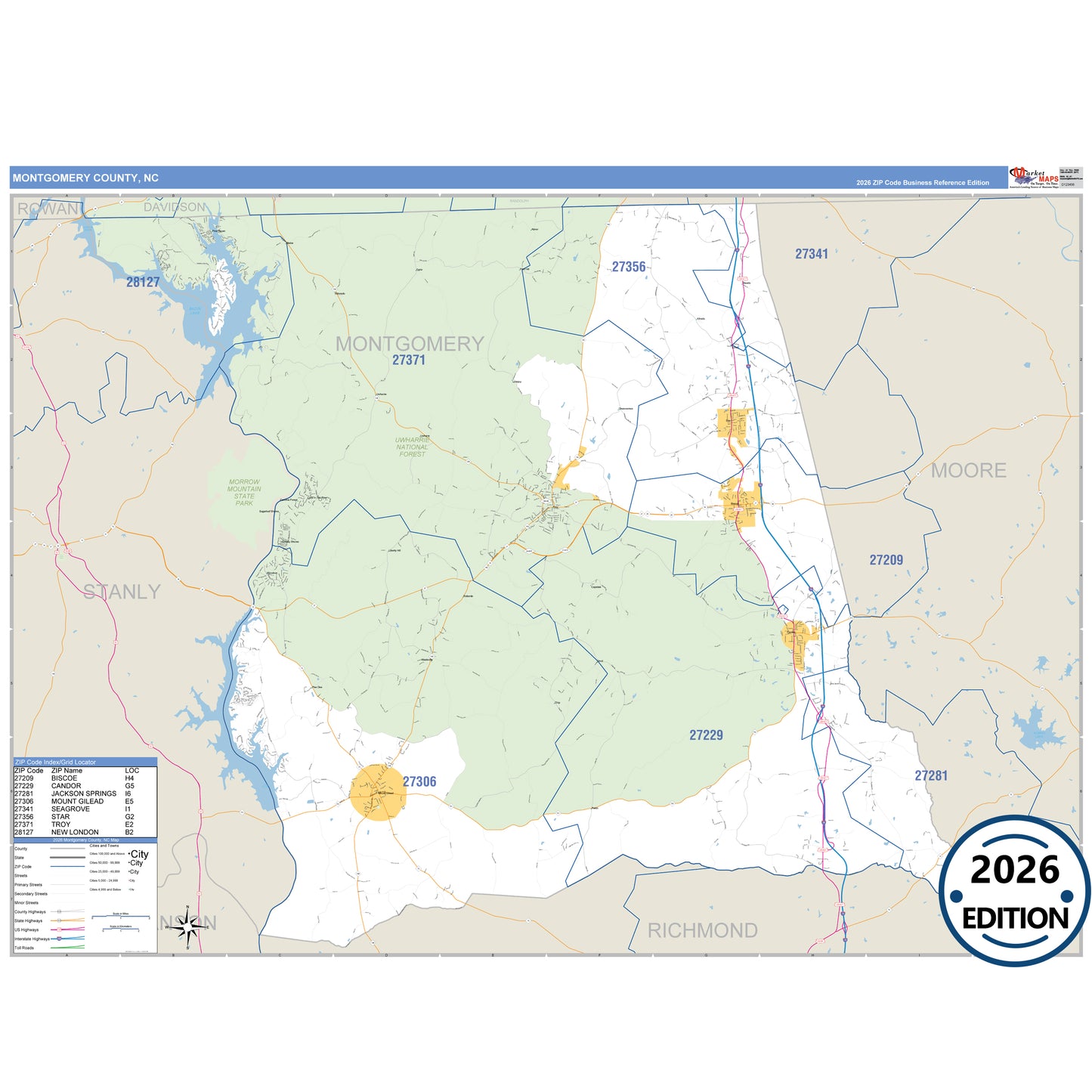 Montgomery County, NC Business Reference 5 Digit ZIP Code Wall Map