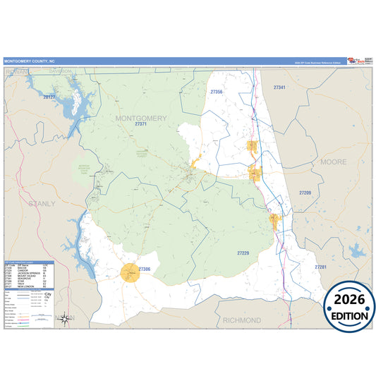 Montgomery County, NC Business Reference 5 Digit ZIP Code Wall Map