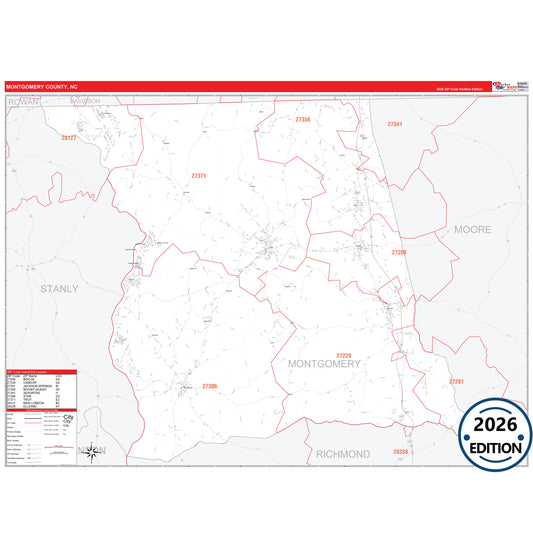 Montgomery County, NC Red Line 5 Digit ZIP Code Wall Map