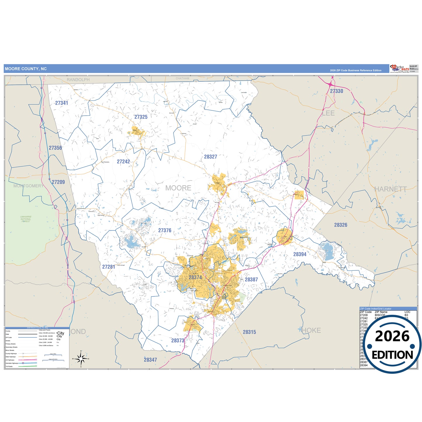 Moore County, NC Business Reference 5 Digit ZIP Code Wall Map