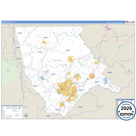 Moore County, NC Business Reference 5 Digit ZIP Code Wall Map