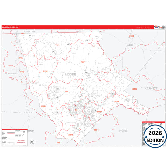 Moore County, NC Red Line 5 Digit ZIP Code Wall Map