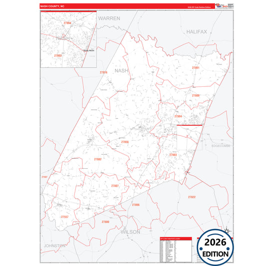 Nash County, NC Red Line 5 Digit ZIP Code Wall Map