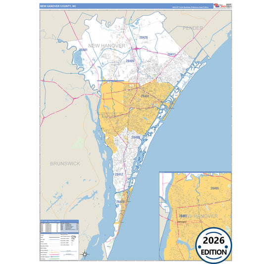 New Hanover County, NC Business Reference 5 Digit ZIP Code Wall Map