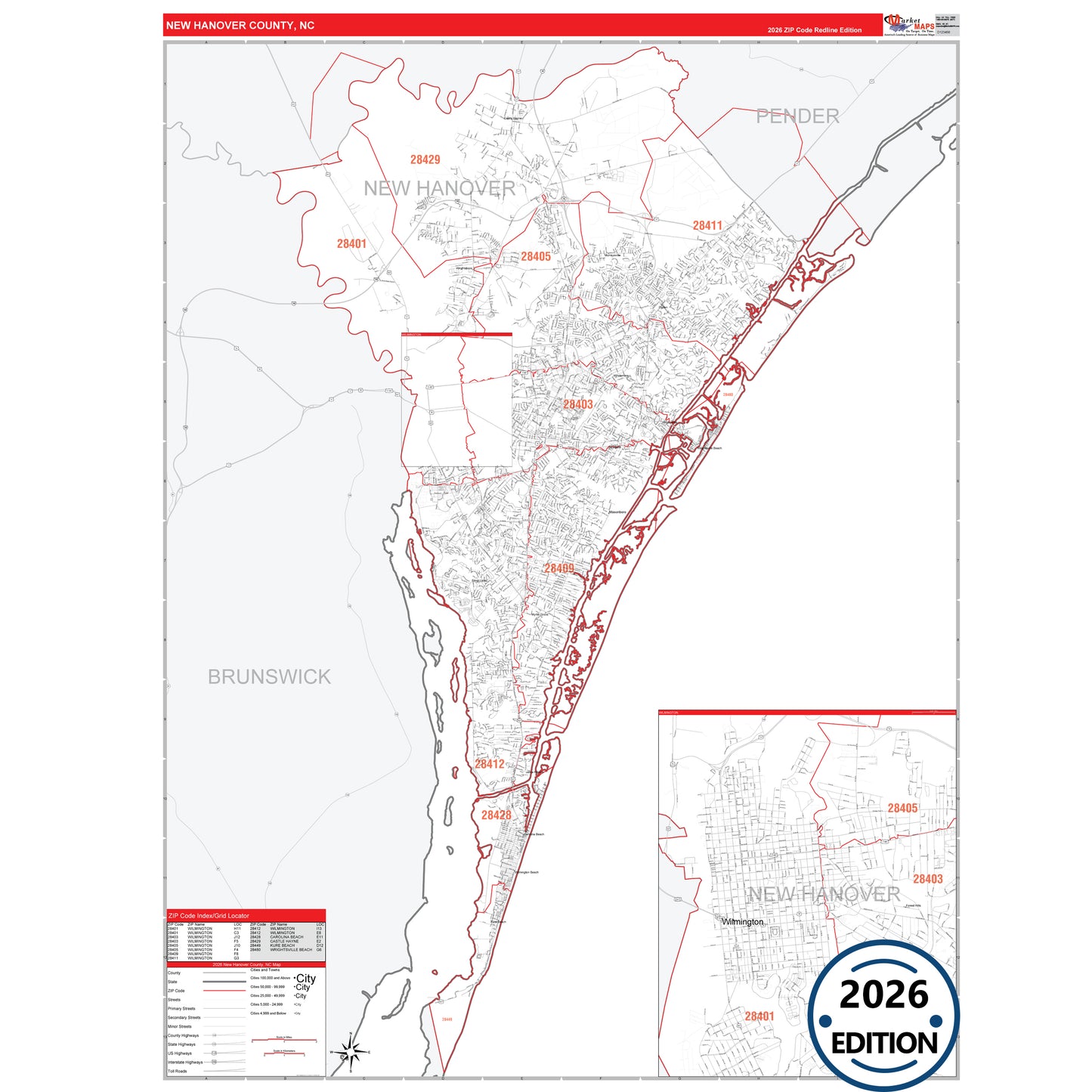 New Hanover County, NC Red Line 5 Digit ZIP Code Wall Map